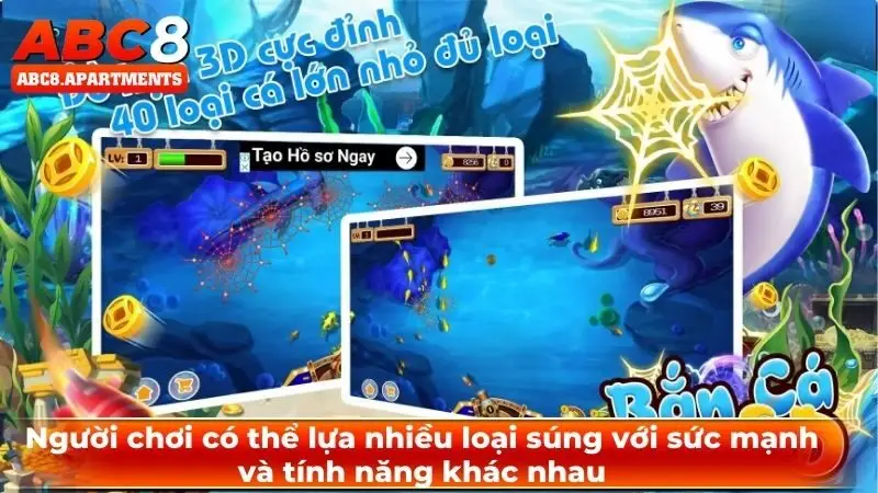 Bắn cá thủy cung - Không gian game có trải nghiệm đỉnh cao 3 Người chơi có thể lựa nhiều loại súng với sức mạnh và tính năng khác nhau