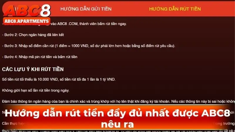 Rút tiền ABC8 - Hướng dẫn thao tác chính xác và an toàn 4 Hướng dẫn rút tiền đầy đủ nhất được ABC8 nêu ra